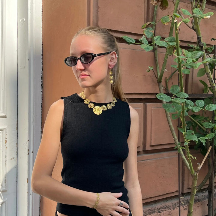 Øreringe, filigran blomst, 65mm, forgyldt messing BOC