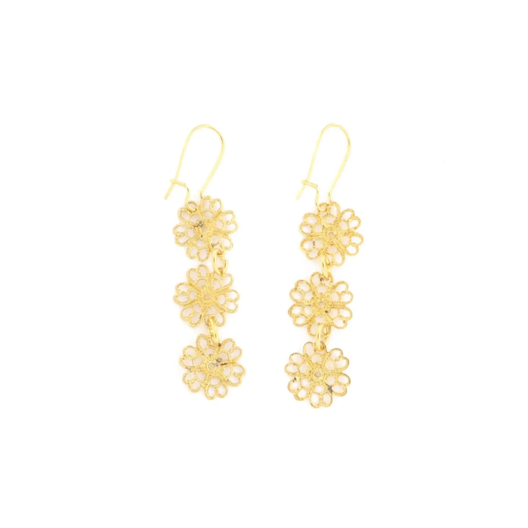 Øreringe, filigran blomst, 65mm, forgyldt messing BOC