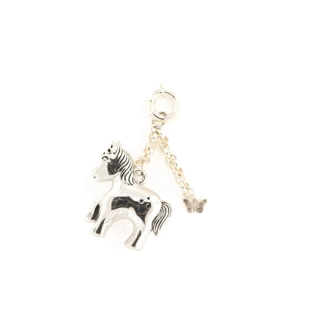 Taskecharm, pony og sommerfugl, 10cm, forsølvet messing 
