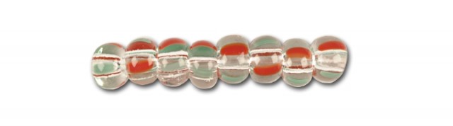 Preciosa Seed Beads - Stribede Glasperler, Preciosa, Klar/Rød/Grøn Transparent Stribet