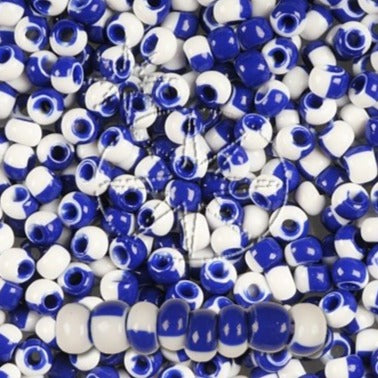 Flerfärgade glaspärlor, preciosa, vit och blå harlequin