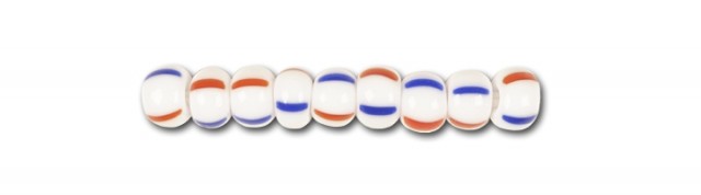 Striped glass beads, preciosa, white/blue/red striped