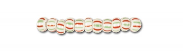 Striped glass beads, Preciosa, white/red/green tight striped, big purchase