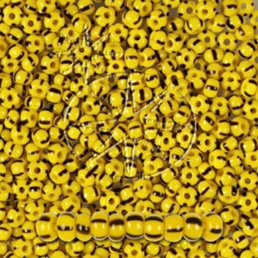 Striped glass beads, preciosa, yellow/4 black stripes