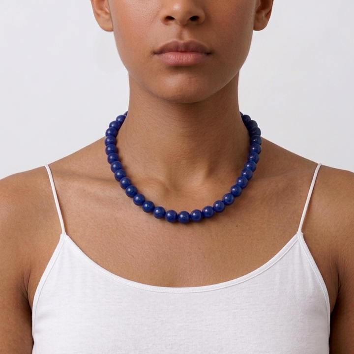 Halskæde, lapis lazuli, forgyldt stål, 40-45 cm 