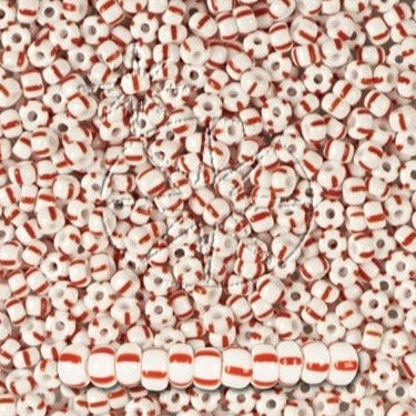 Czech Glass Seed Beads Preciosa, White with red stripes 03890