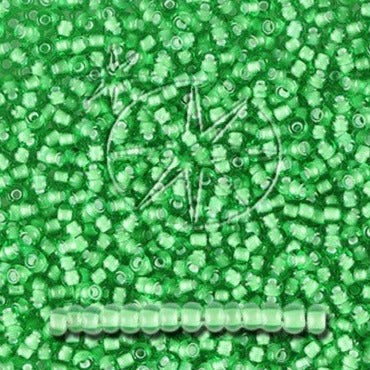 Grønne glasperler, Preciosa seed beads. Transparent lys grøn foret med kalkhvid