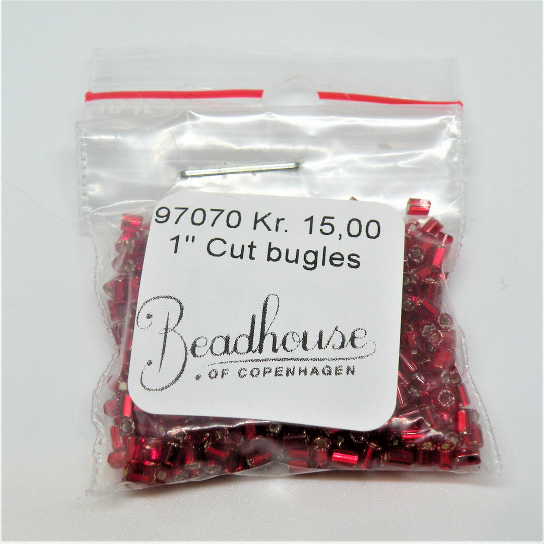 Røde Glasperler, cut bugles, red silverlined, 2,5mm