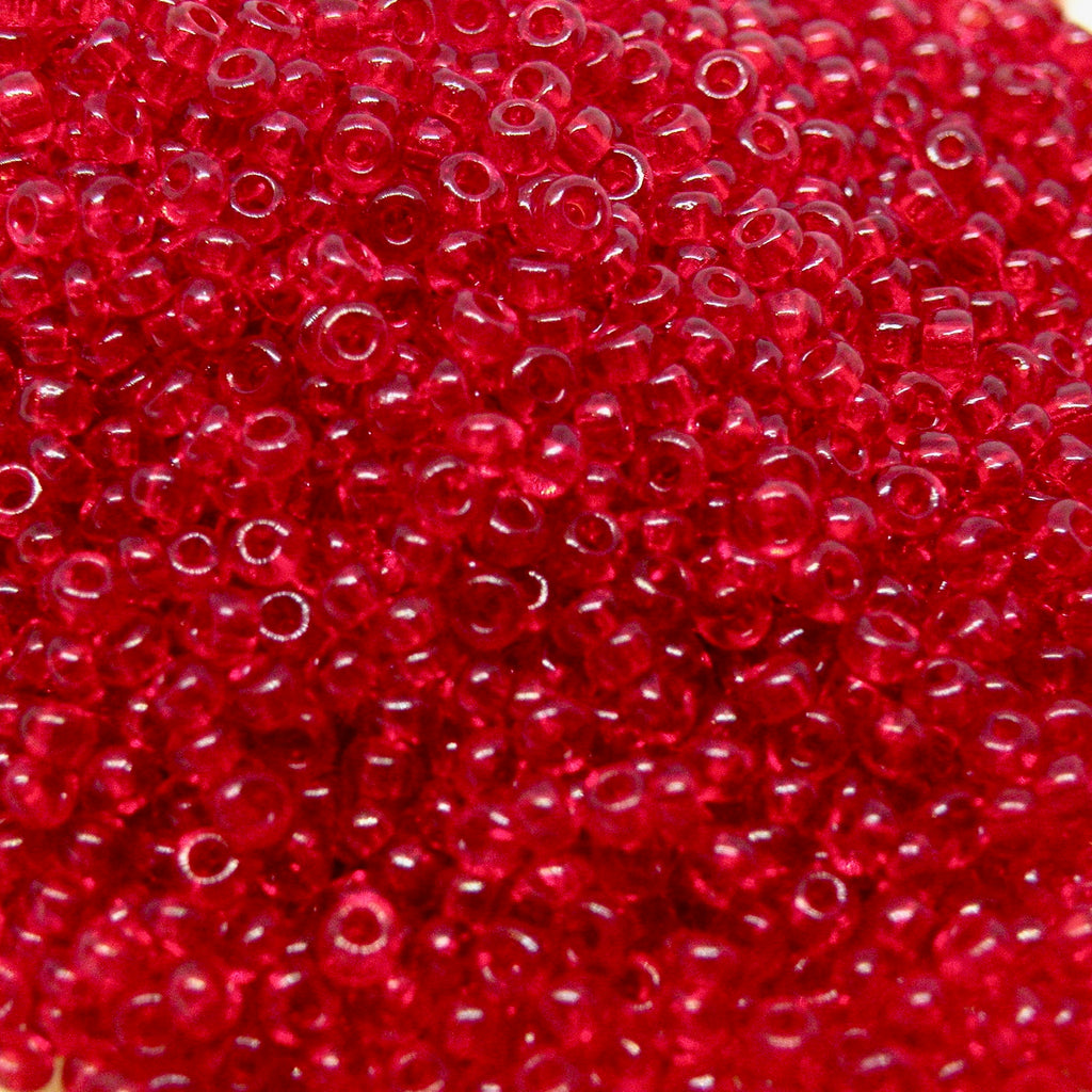 Røde glasperler, seed beads, transparent red