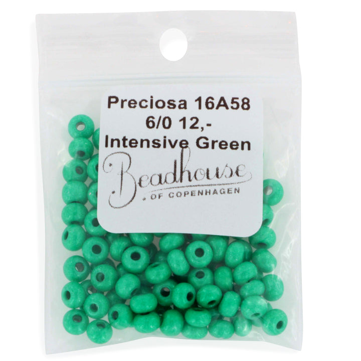 Grøn Glasperle, Preciosa seed beads. Dark green intensive dyed chalkwhite