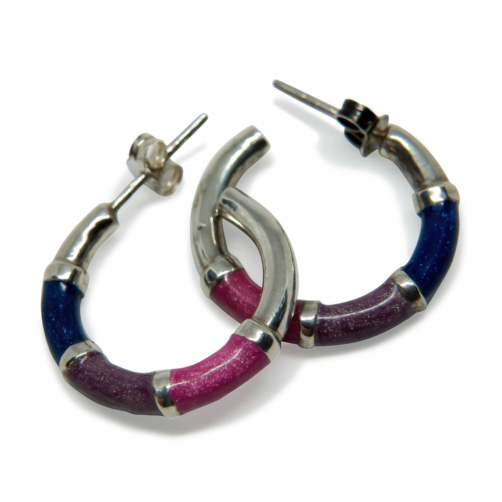 Øreringe Sterlingsølv, m. ornament 23 mm, blå, lilla og pink emalje
