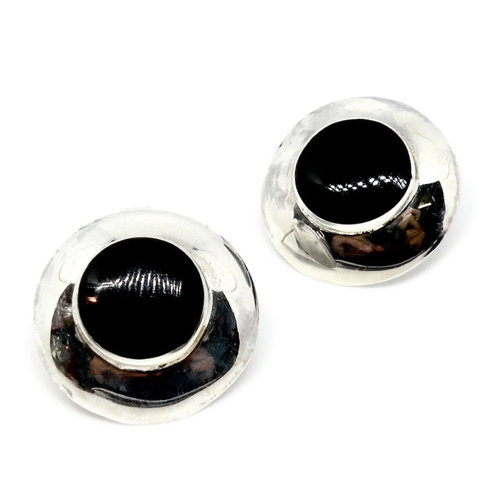 Ørestikkere i sterlingsølv med smykkesten, rund i turkis og onyx 2 cm