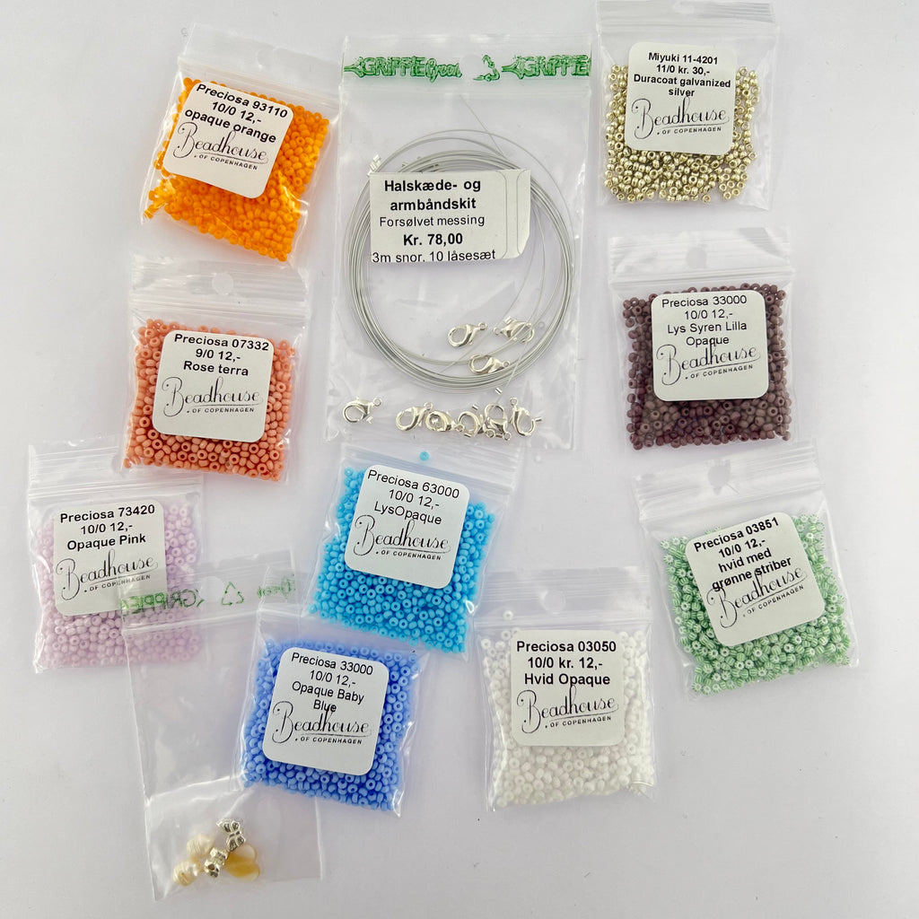 Glasperlesæt: pastel DIY-kit til armbånd og halskæder i FS mess.